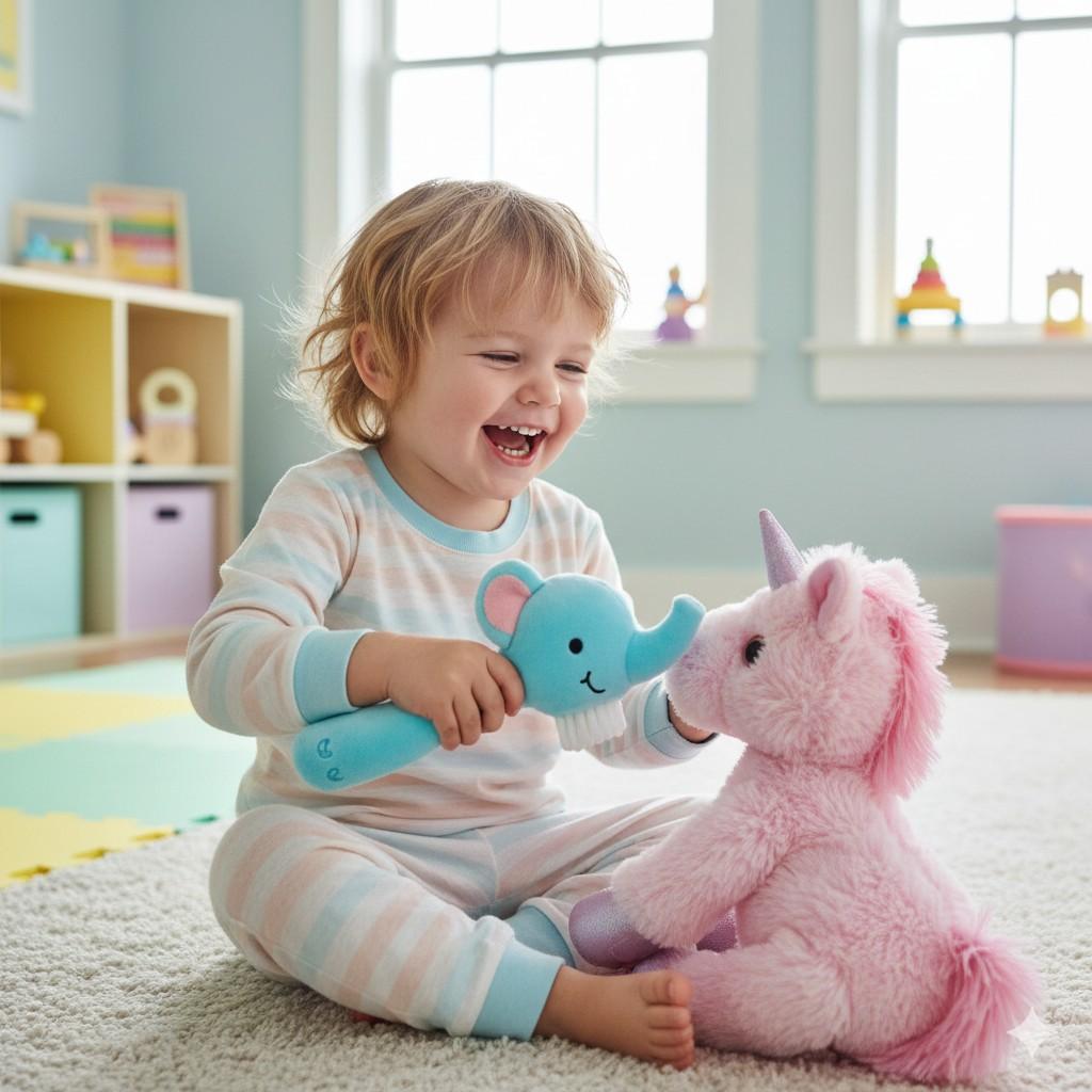 Toddler playing with toys while sitting on a carpeted floor